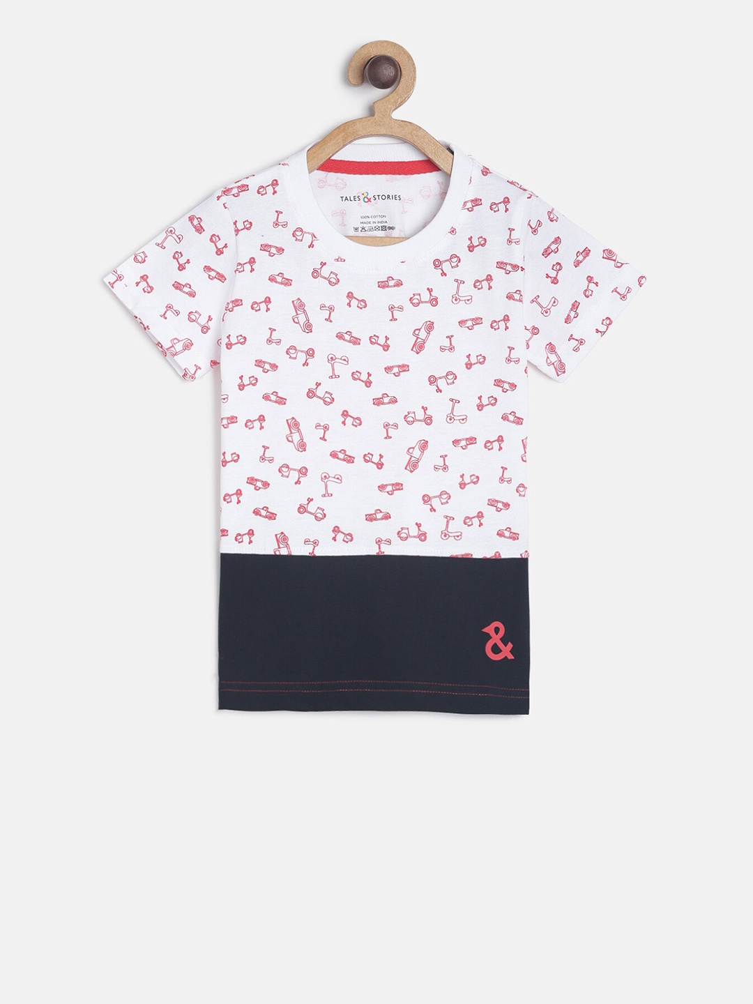 

TALES & STORIES Boys White & Pink Printed Round Neck T-shirt