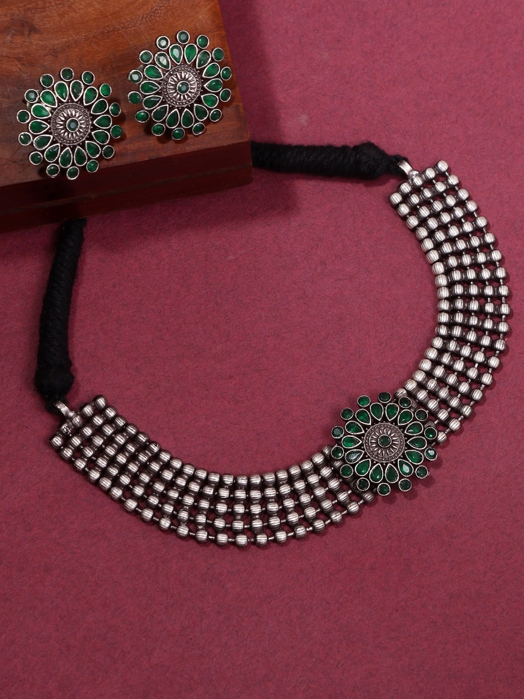 

Infuzze Oxidised Silver-Plated Green Stone-Studded Jewellery Set