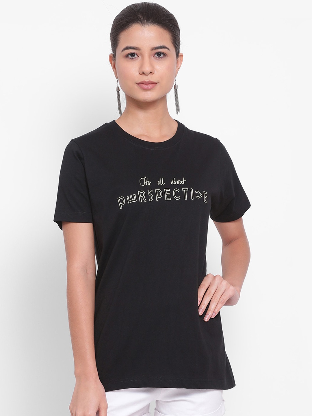 

YOLOCLAN Women Black Printed Round Neck Pure Cotton T-shirt