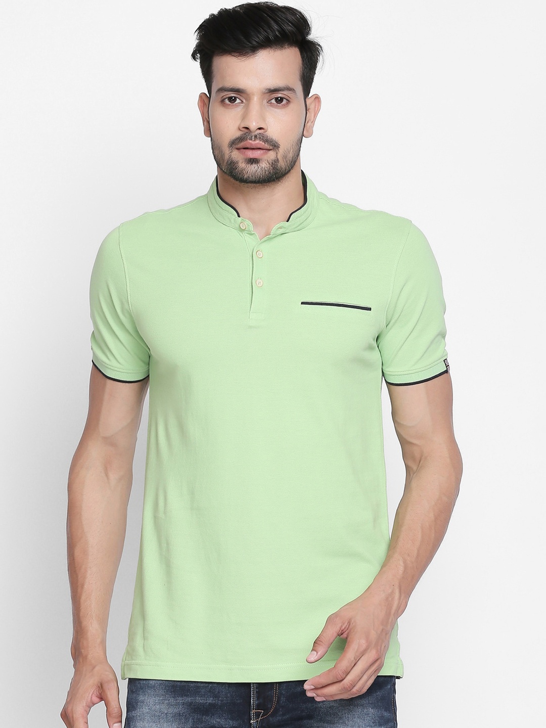 

BYFORD by Pantaloons Men Green Solid Slim Fit Mandarin Collar Pure Cotton T-shirt