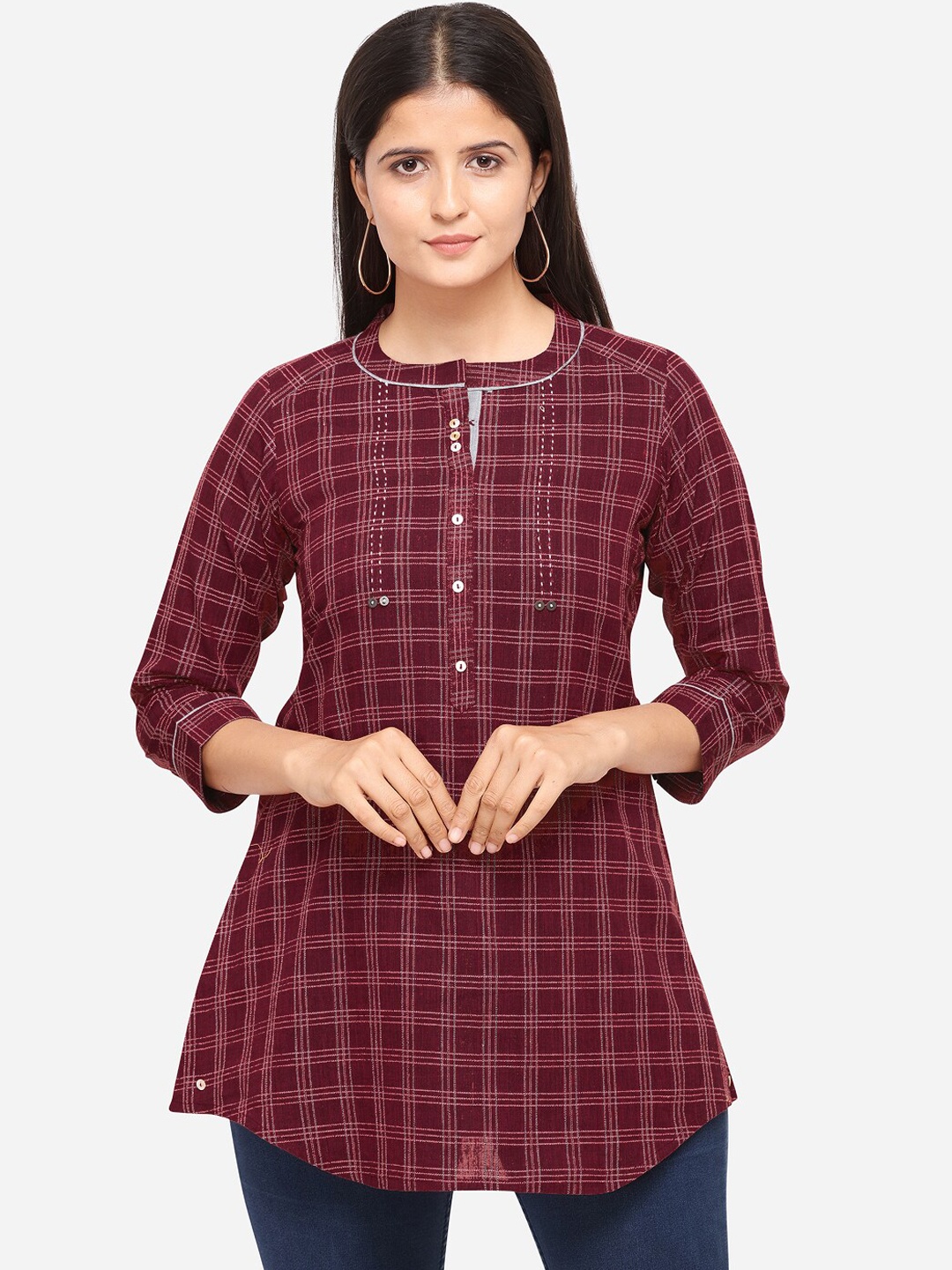 

Kvsfab Women Maroon Checked Tunic