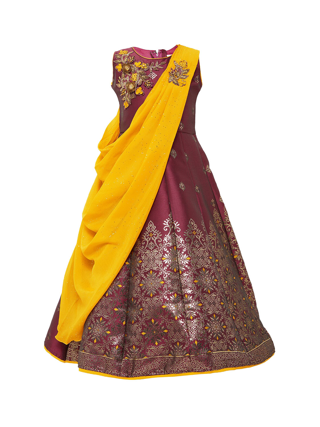 

BETTY Girls Burgundy Printed Maxi Dress With Attached Dupatta