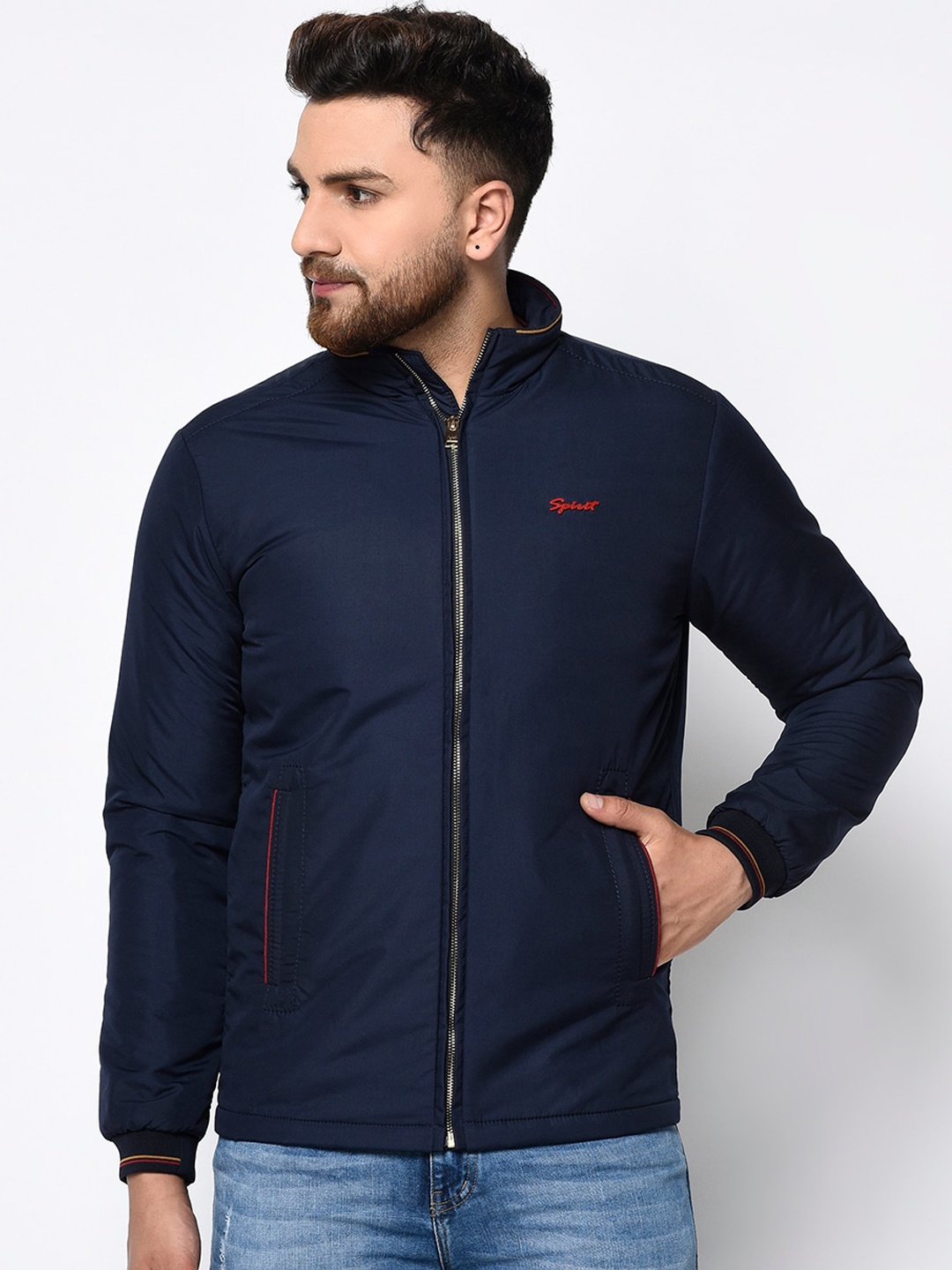

Spirit Men Navy Blue Solid Windcheater Padded Jacket