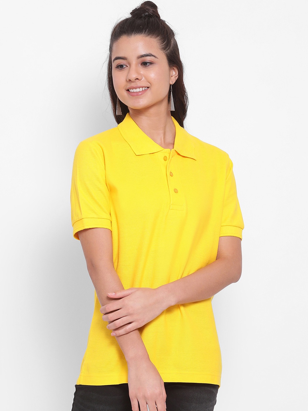 YOLOCLAN Women Yellow Solid Polo Collar Pure Cotton T-shirt