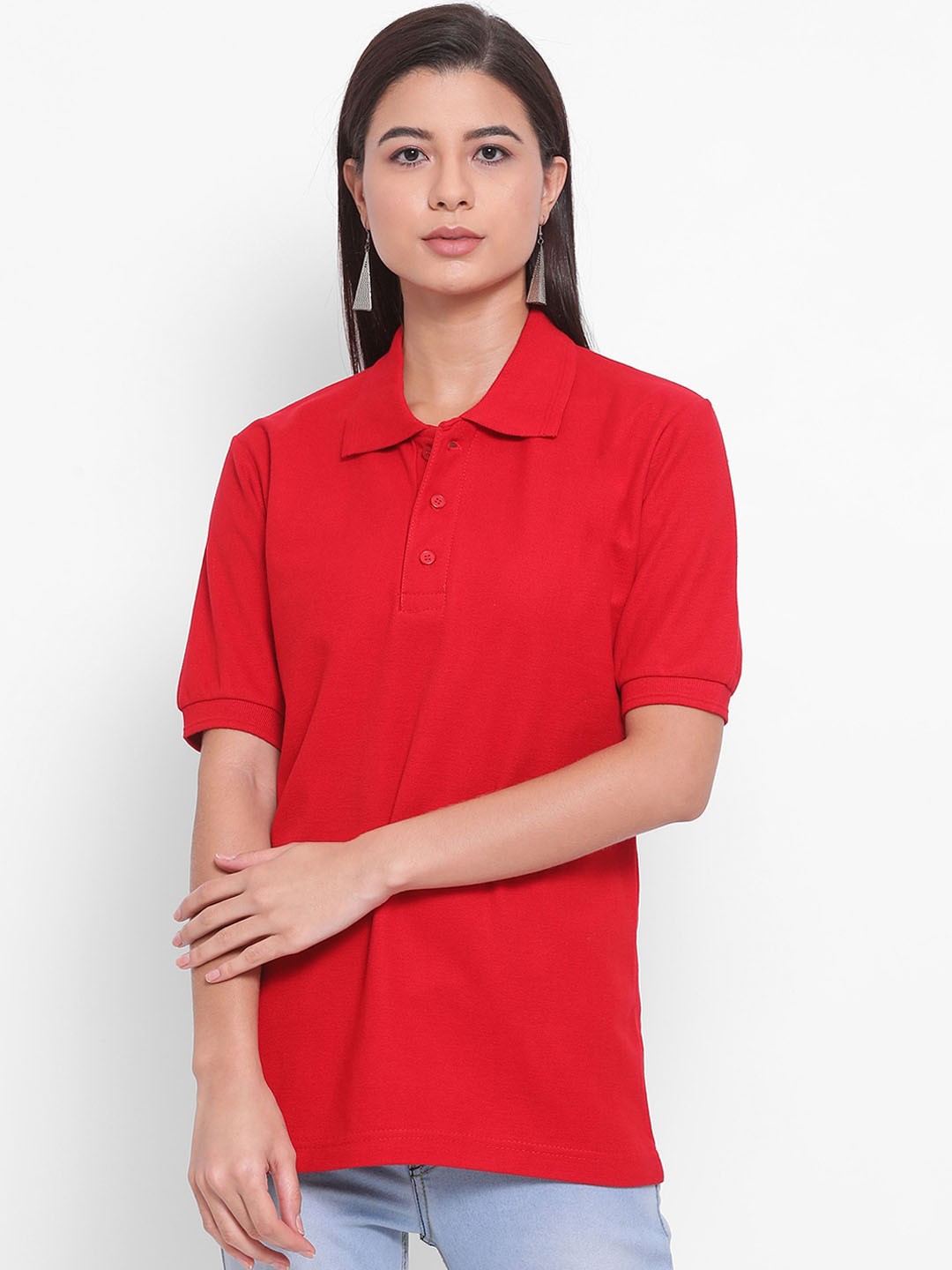 

YOLOCLAN Women Red Solid Polo Collar Pure Cotton T-shirt