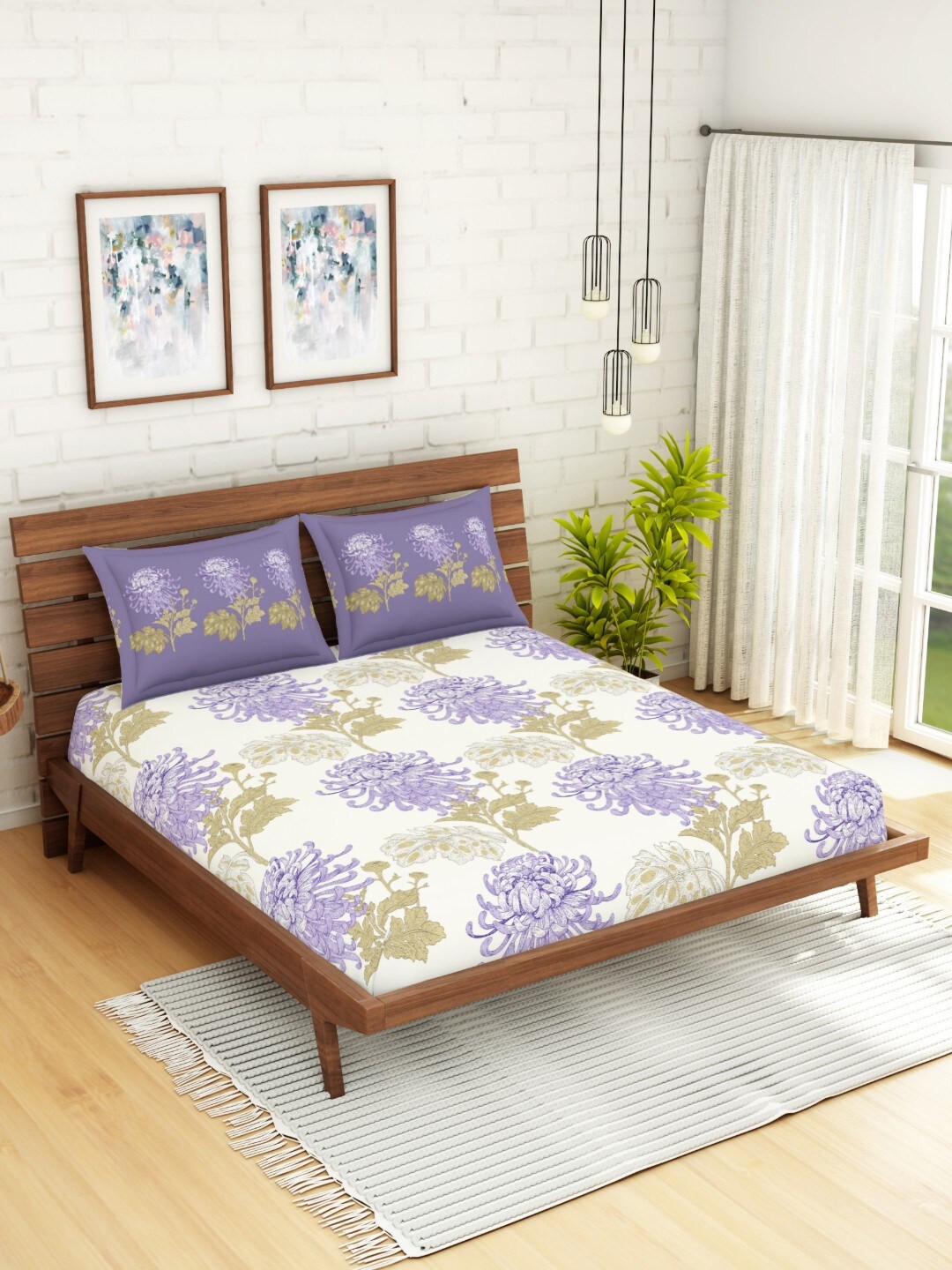 

SPACES White & Purple Floral 144 TC Cotton 1 King Bedsheet with 2 Pillow Covers