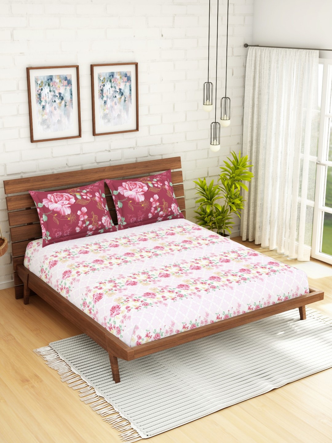 

SPACES Pink & White Floral 144 TC Cotton 1 King Bedsheet with 2 Pillow Covers