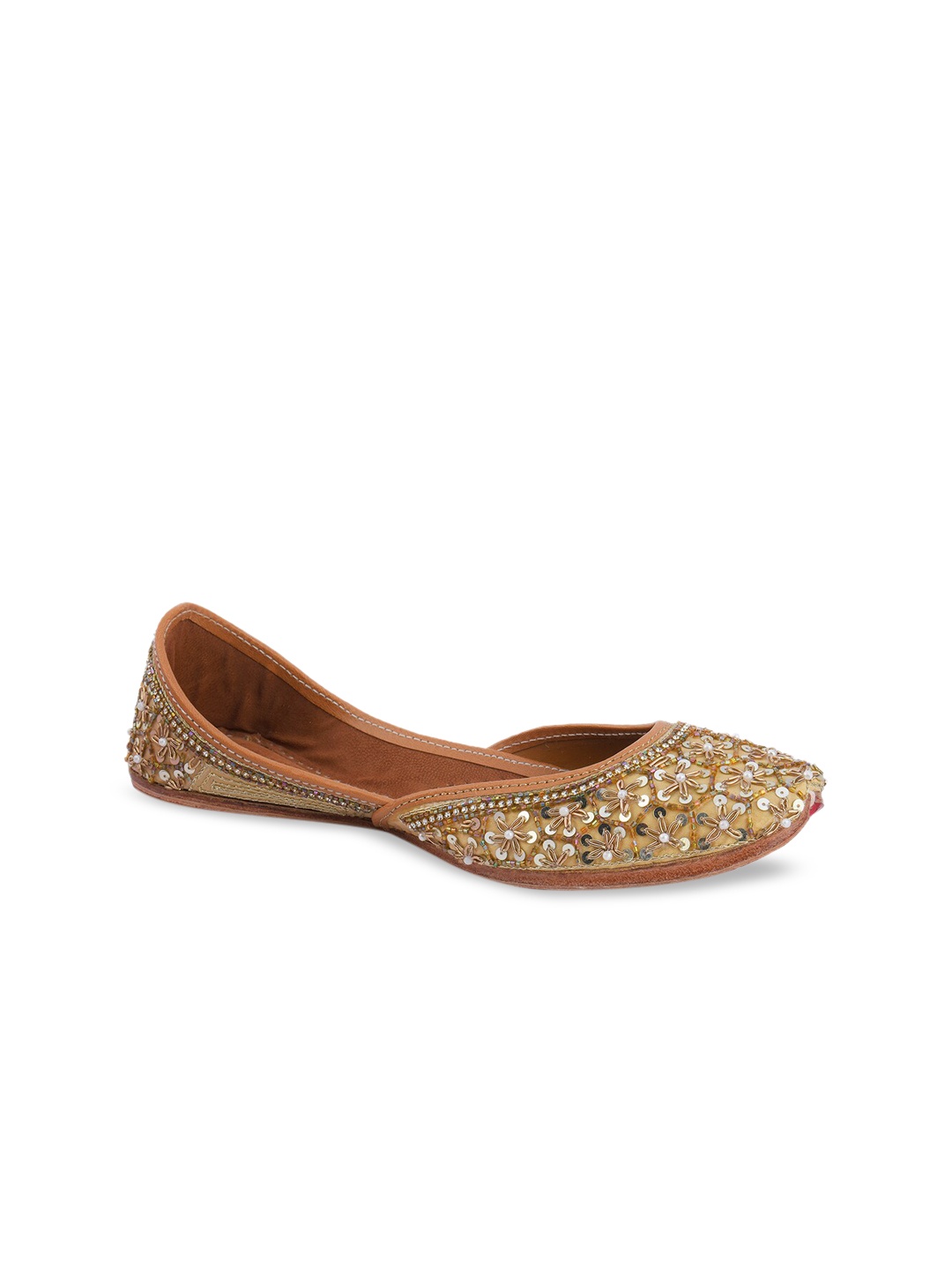 

DESI COLOUR Women Gold-Toned Embellished Leather Mojaris