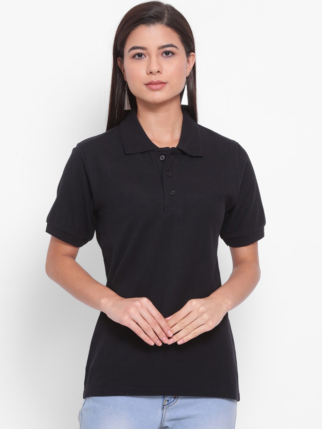 

YOLOCLAN Women Black Solid Polo Collar Pure Cotton T-shirt