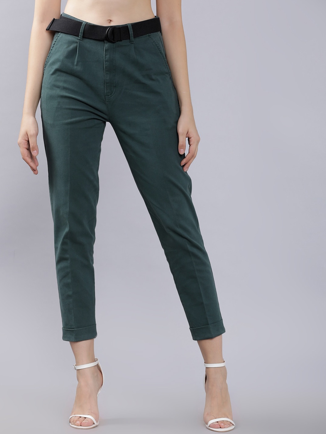 

Tokyo Talkies Women Teal Green Regular Fit Solid Cropped Peg Trousers