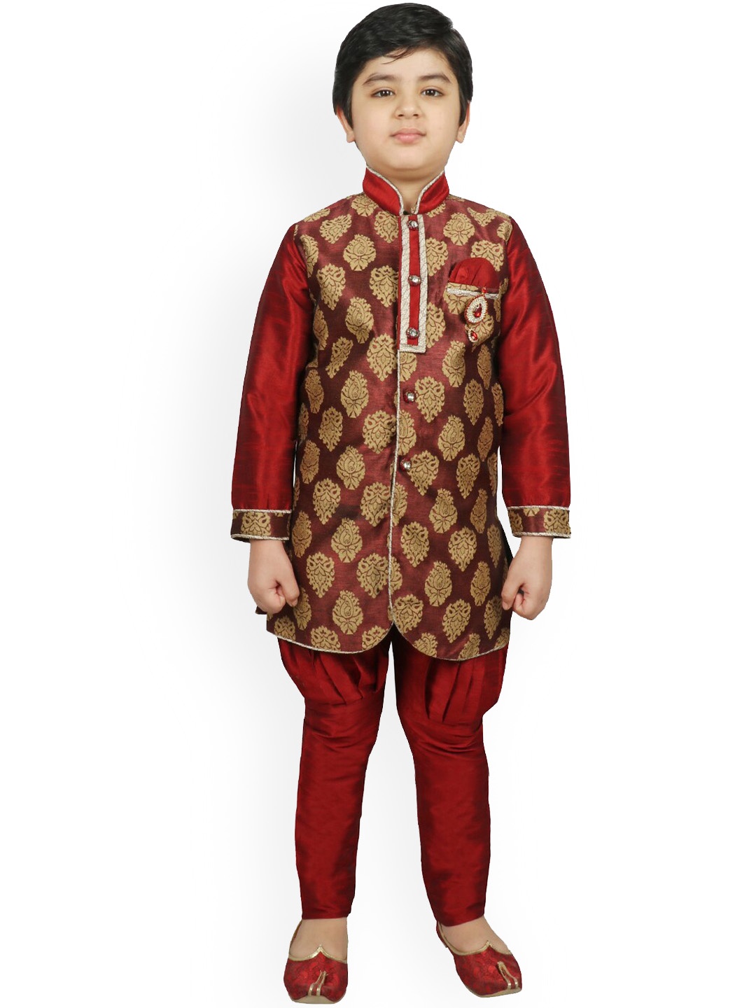 

SG YUVRAJ Boys Maroon & Gold-Toned Printed Raw Silk Kurta with Pyjamas