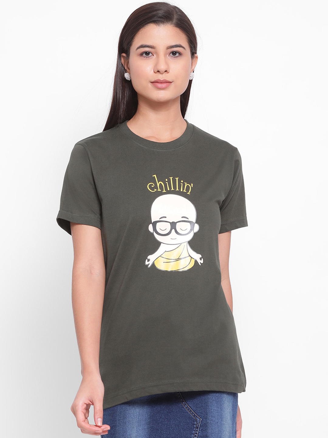 

YOLOCLAN Women Green Printed Round Neck Pure Cotton T-shirt