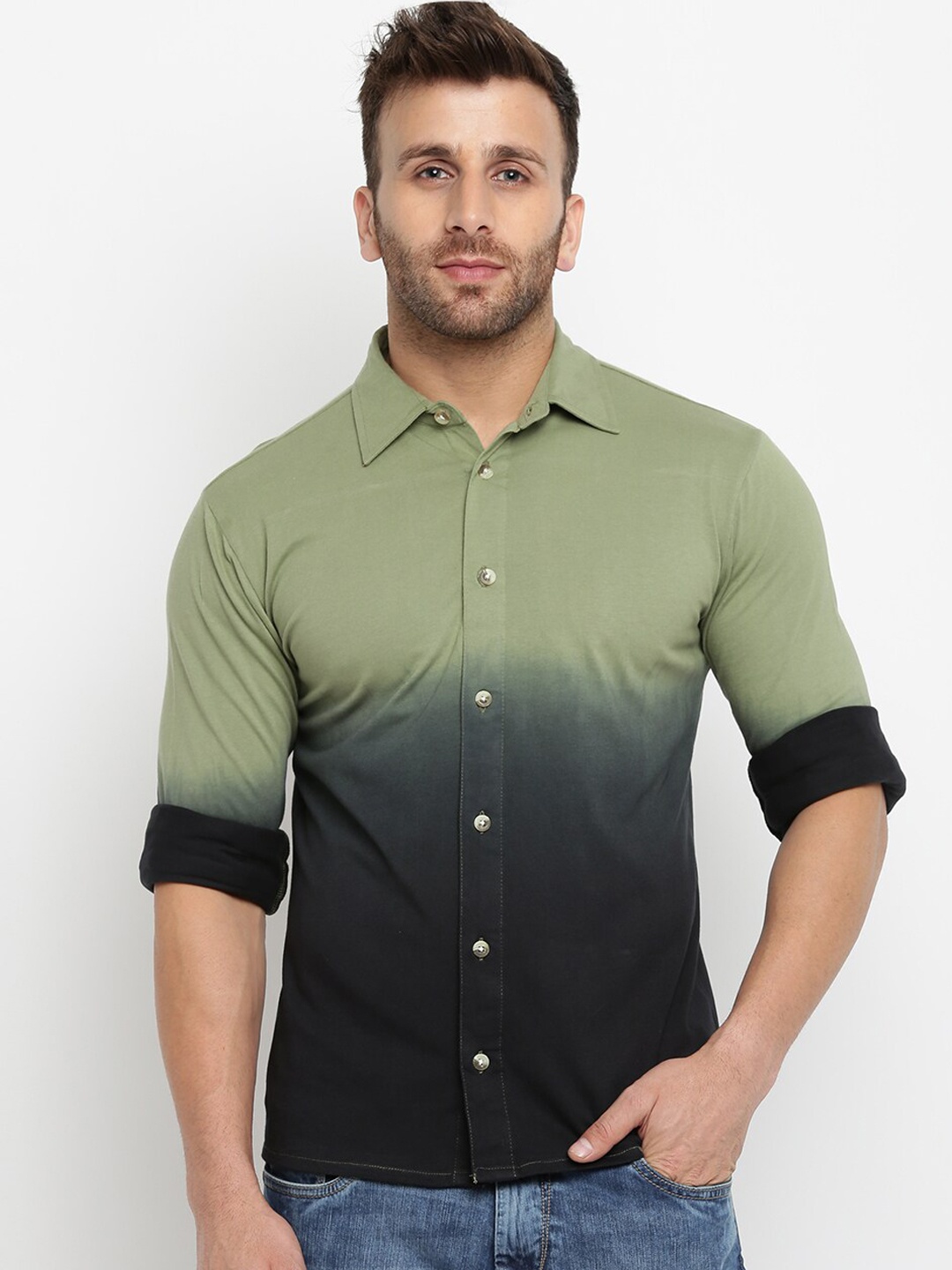

GRITSTONES Men Green & Blue Regular Fit Colourblocked Casual Shirt