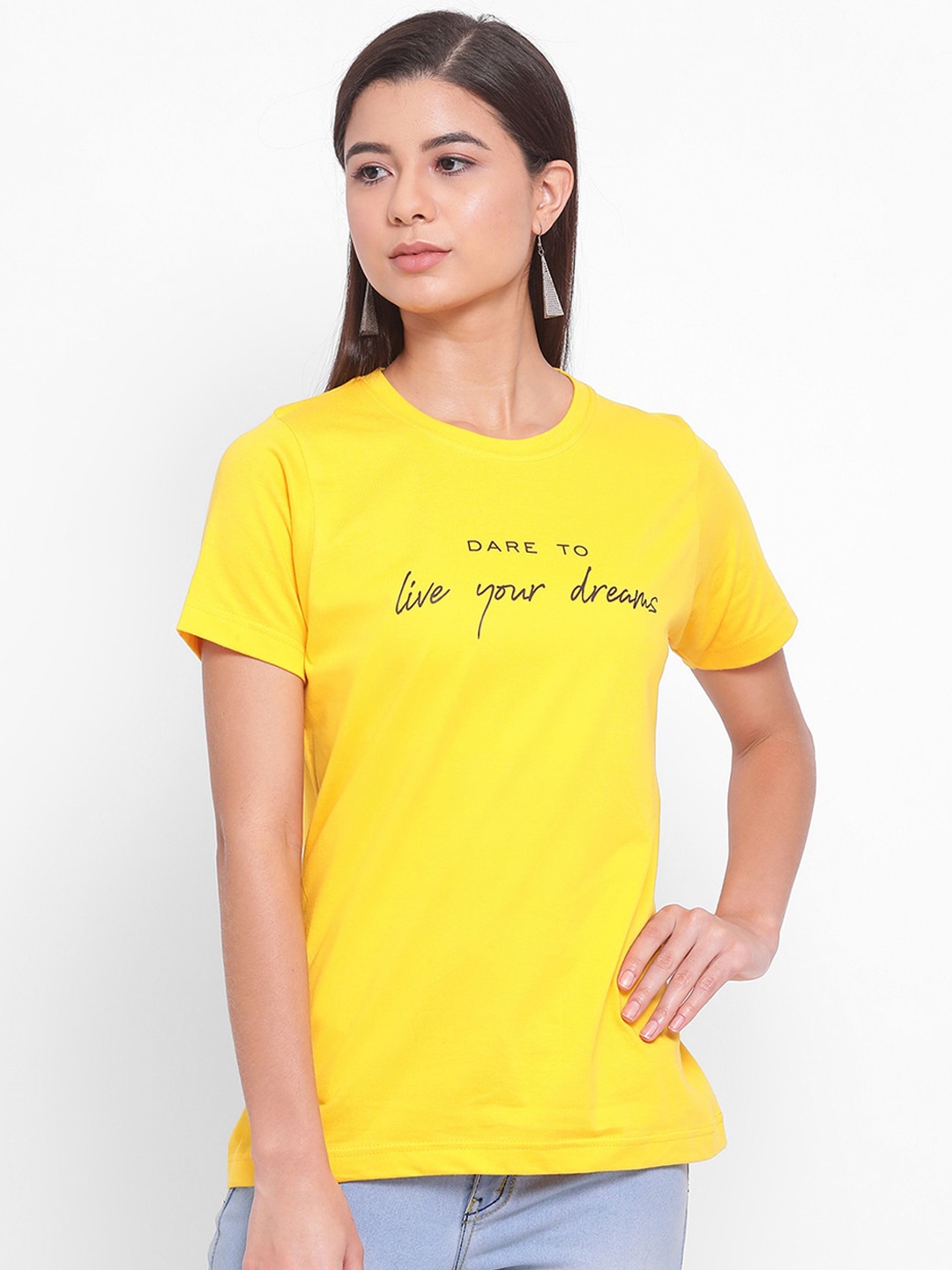 YOLOCLAN Women Yellow Printed Round Neck Pure Cotton T-shirt