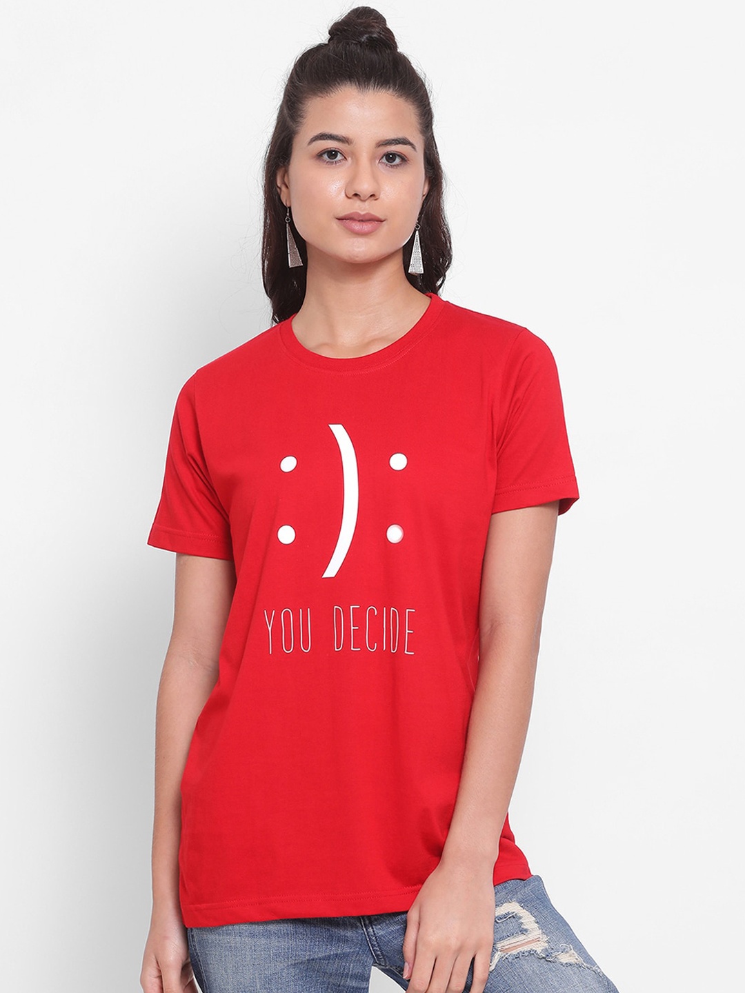 

YOLOCLAN Women Red Printed Round Neck Pure Cotton T-shirt
