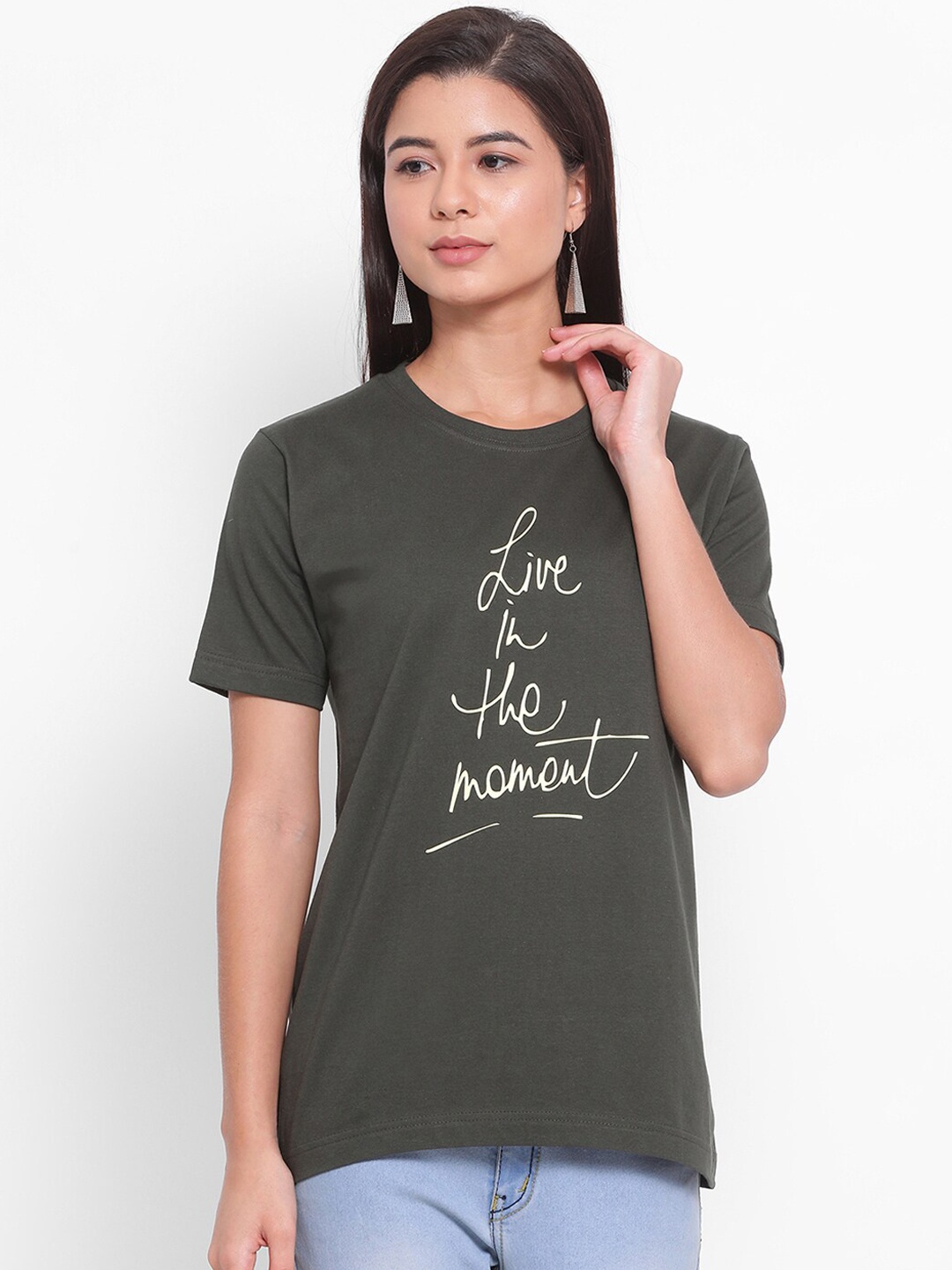 

YOLOCLAN Women Green Printed Round Neck Pure Cotton T-shirt