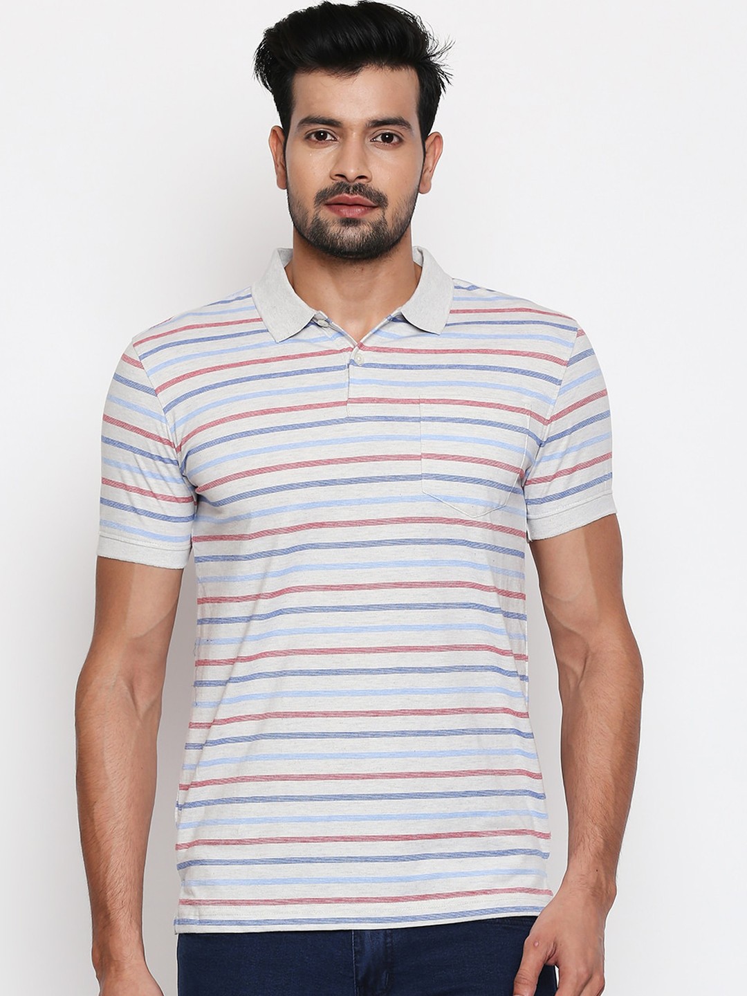 

BYFORD by Pantaloons Men White & Pink Striped Polo Collar T-shirt