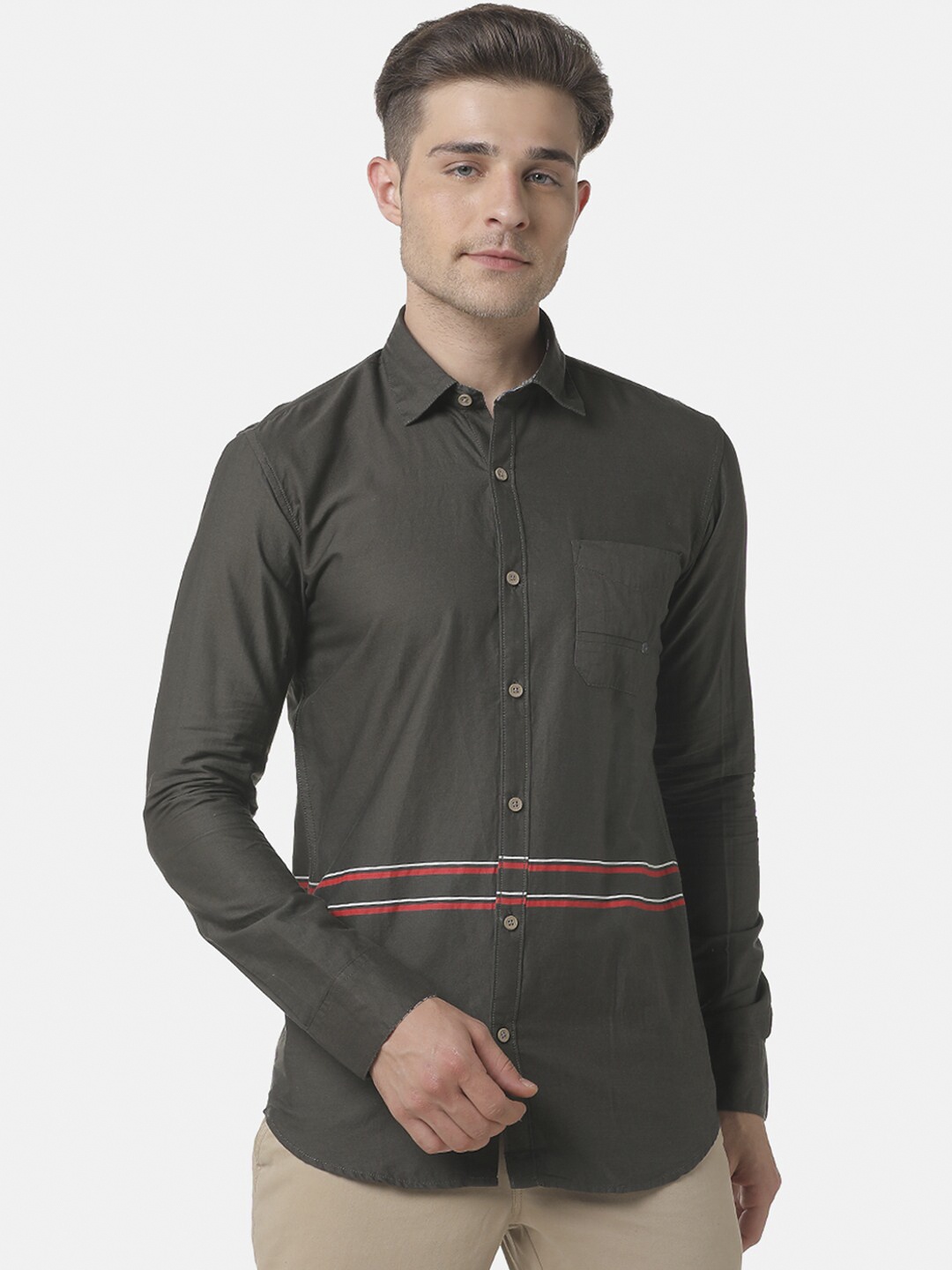

Campus Sutra Men Olive Green Regular Fit Striped Casual Shirt