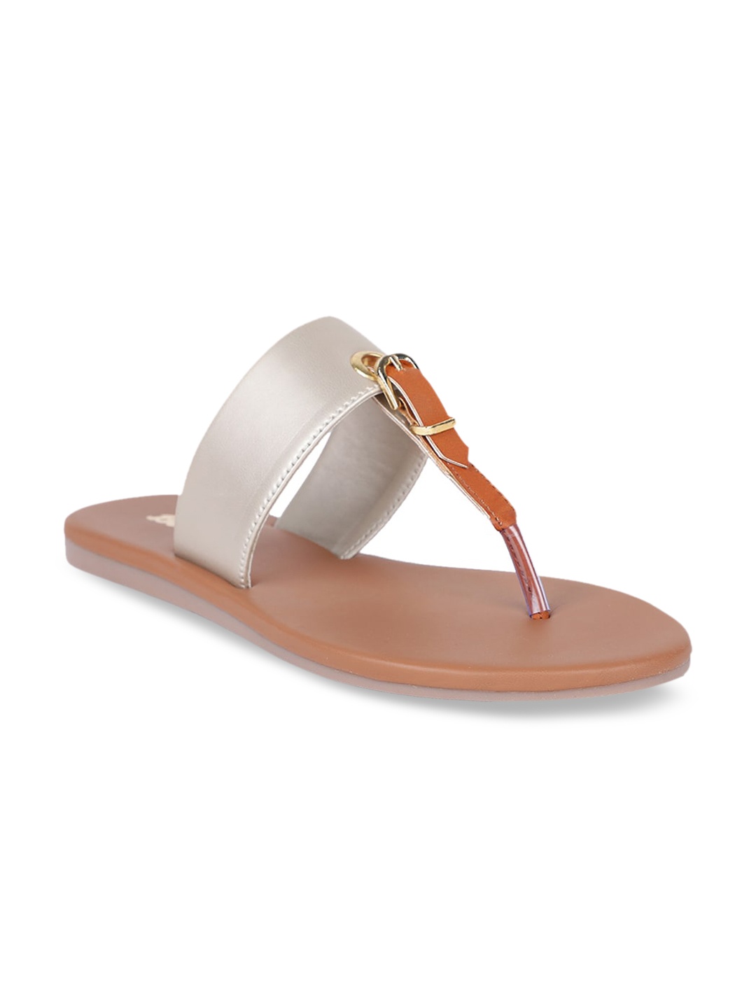 

Bata Women Muted Gold-Toned & Tan Brown Colourblocked PU T-Strap Flats