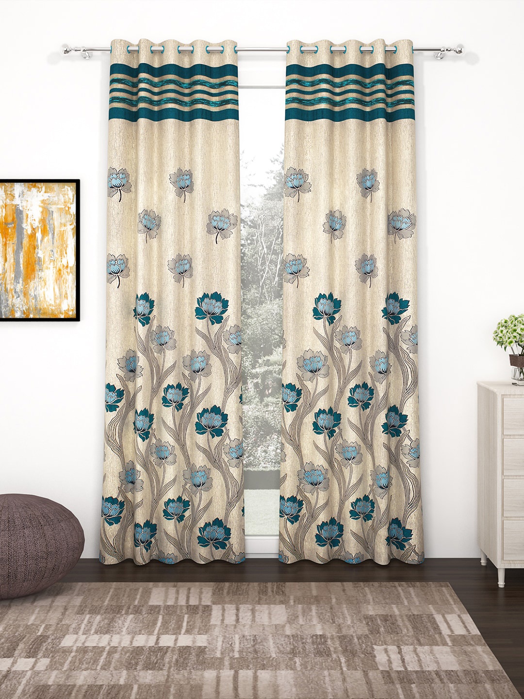 

Story@home Cream-Coloured & Green Set of 2 Premium Jacquard 350GSM Room Darkening Eyelet Long Door Curtains