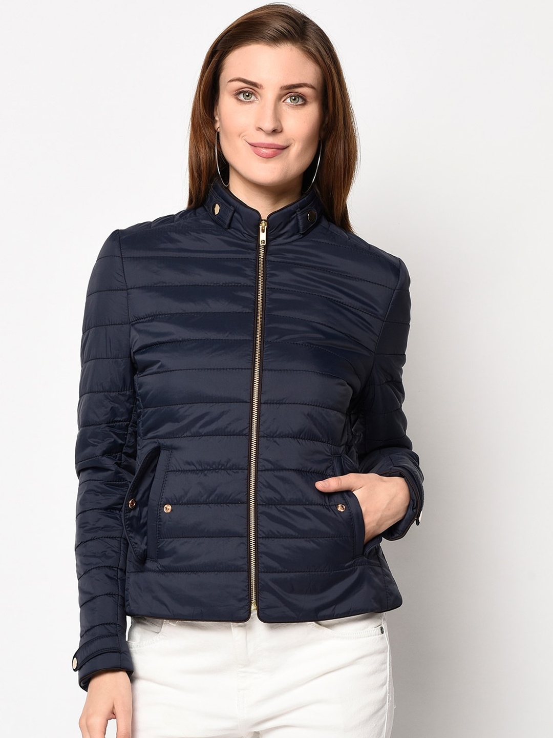 

Spirit Women Navy Blue Self Design Windcheater Padded Jacket with Detachable Hood