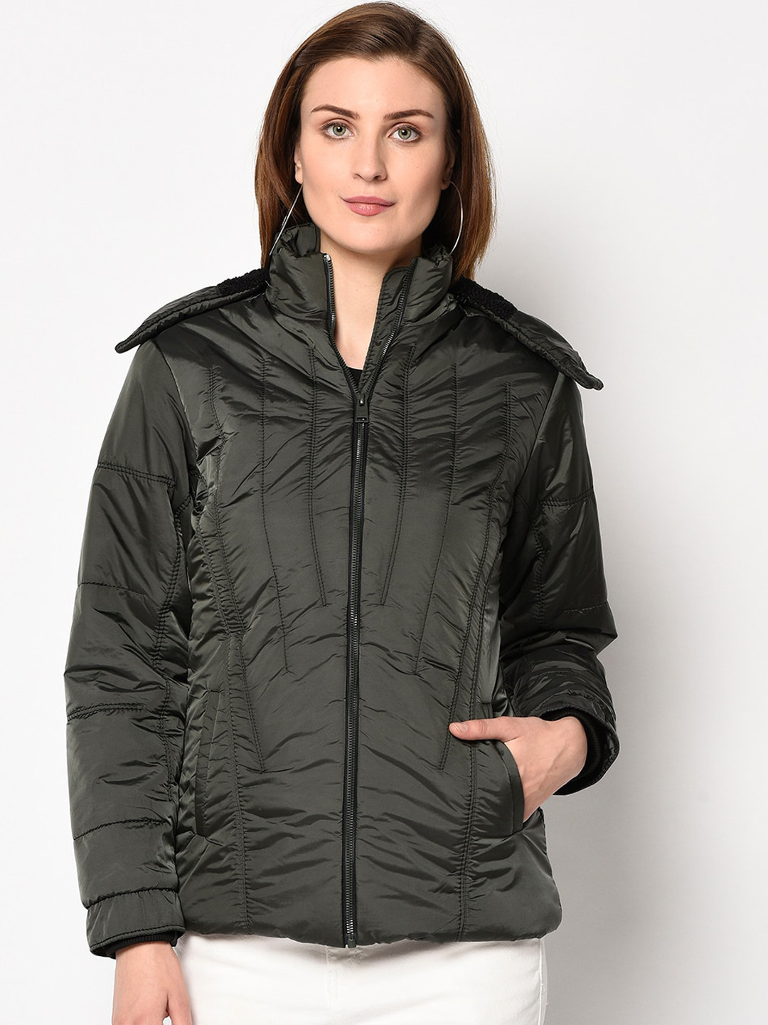 

Spirit Women Charcoal Grey Solid Windcheater Padded Jacket with Detachable Hood