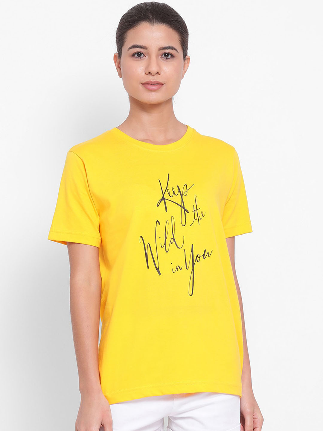 

YOLOCLAN Women Yellow Printed Round Neck Pure Cotton T-shirt