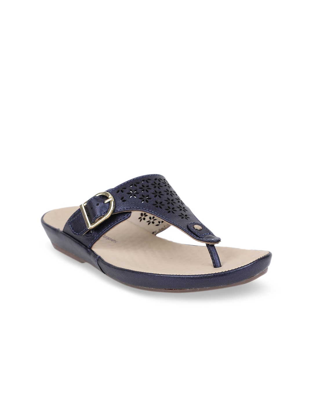 

Hush Puppies Women Navy Blue Solid Leather T-Strap Flats