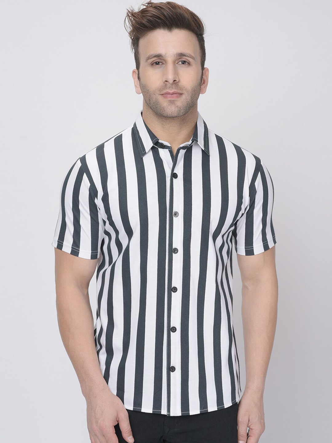 GRITSTONES Men White & Black Striped Casual Shirt