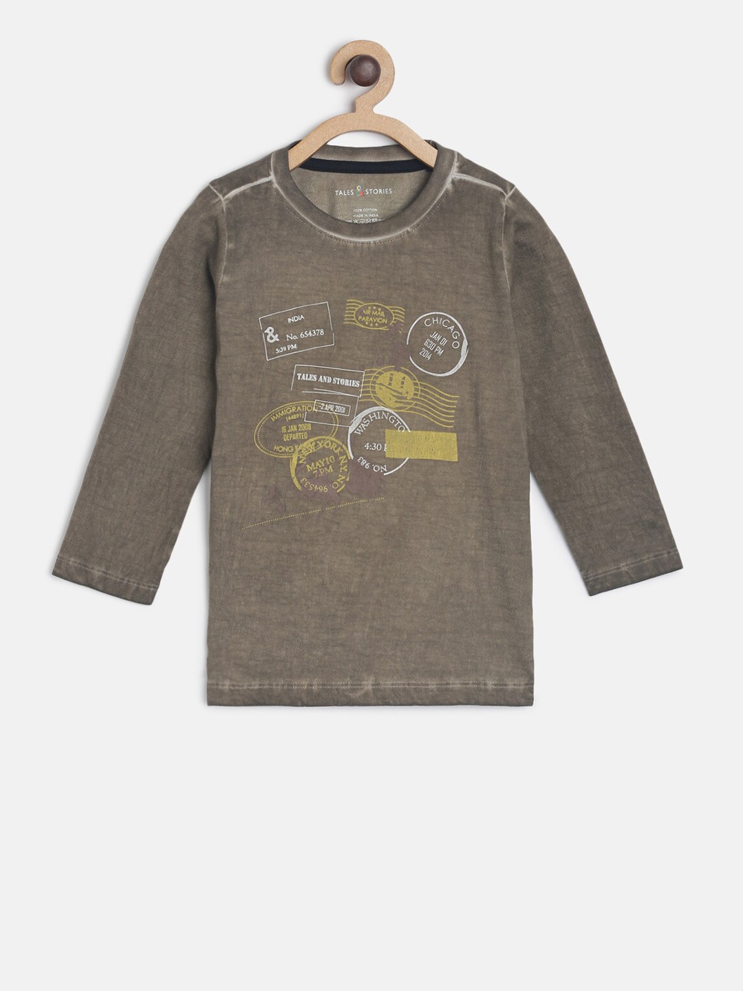 

TALES & STORIES Boys Brown & Yellow Printed Round Neck T-shirt