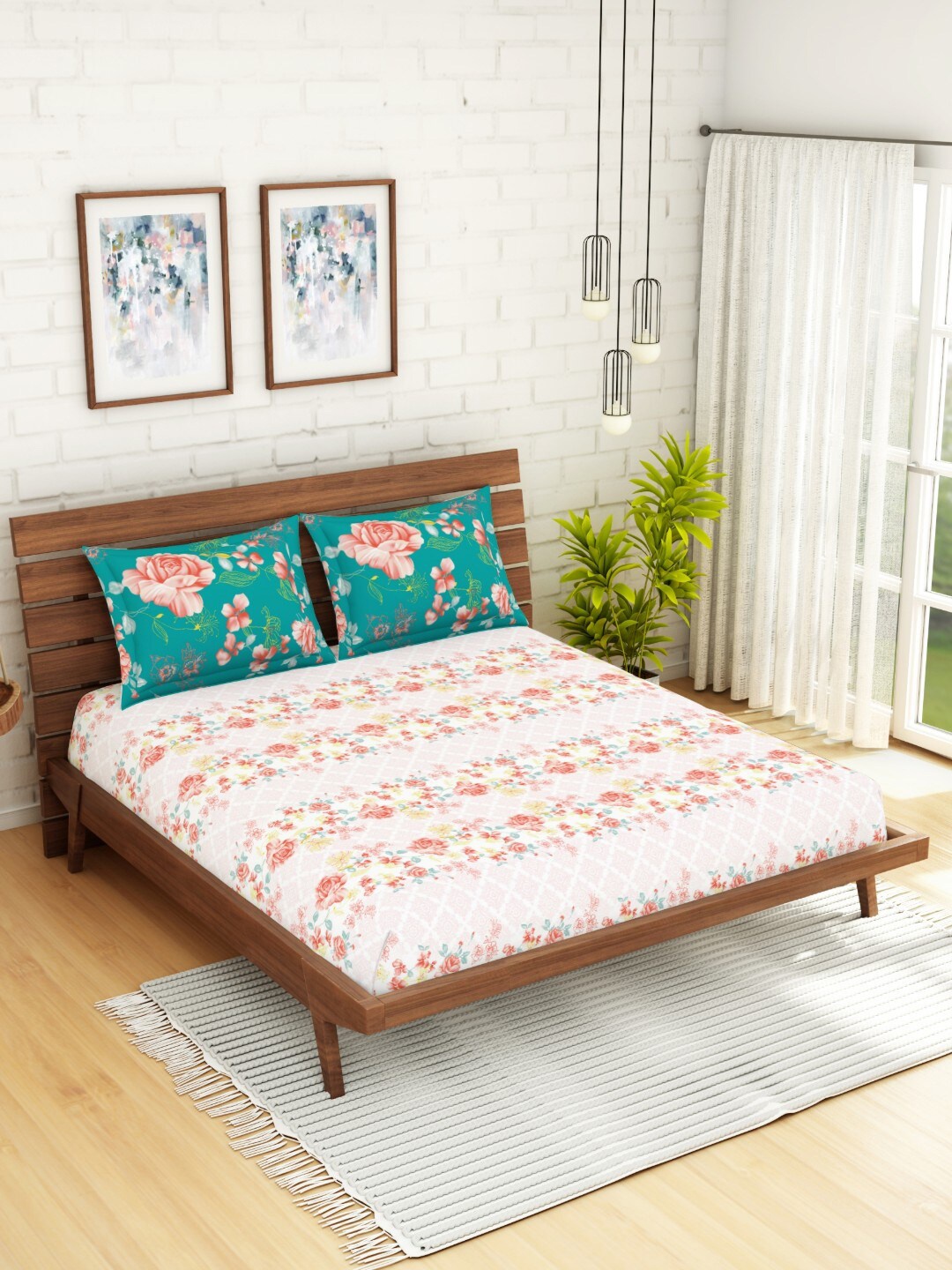 SPACES Pink & Yellow Floral 144 TC Cotton 1 King Bedsheet with 2 Pillow Covers