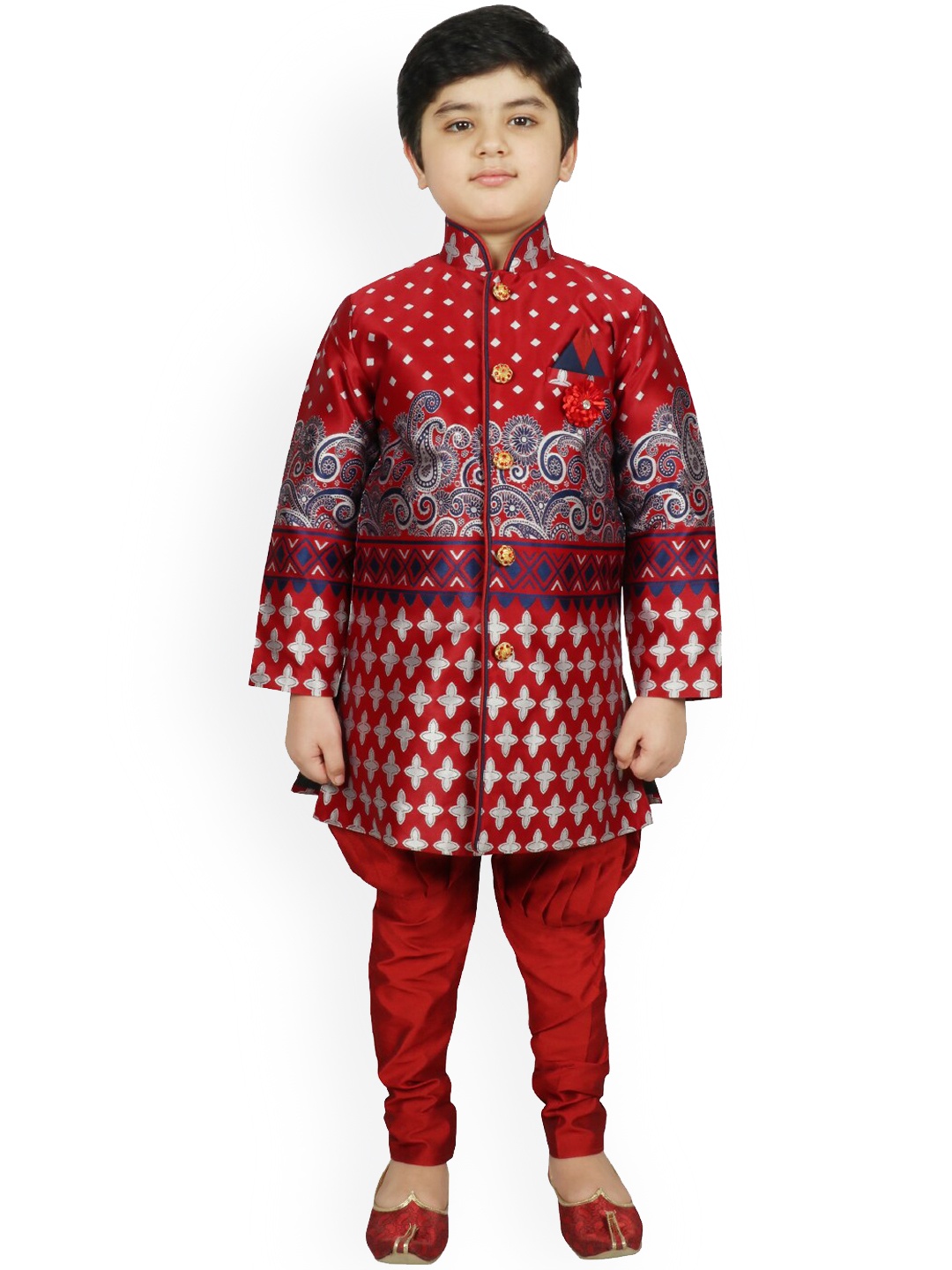 

SG YUVRAJ Boys Red & Blue Raw Silk Sherwani Set