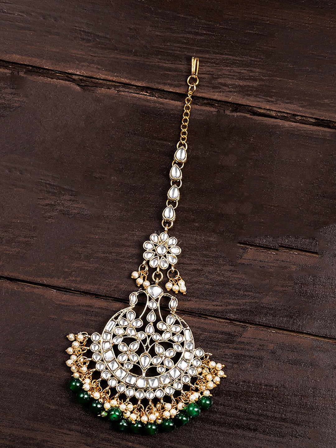 Zaveri Pearls Gold-Plated White & Green Kundan-Studded Beaded Maang Tikka