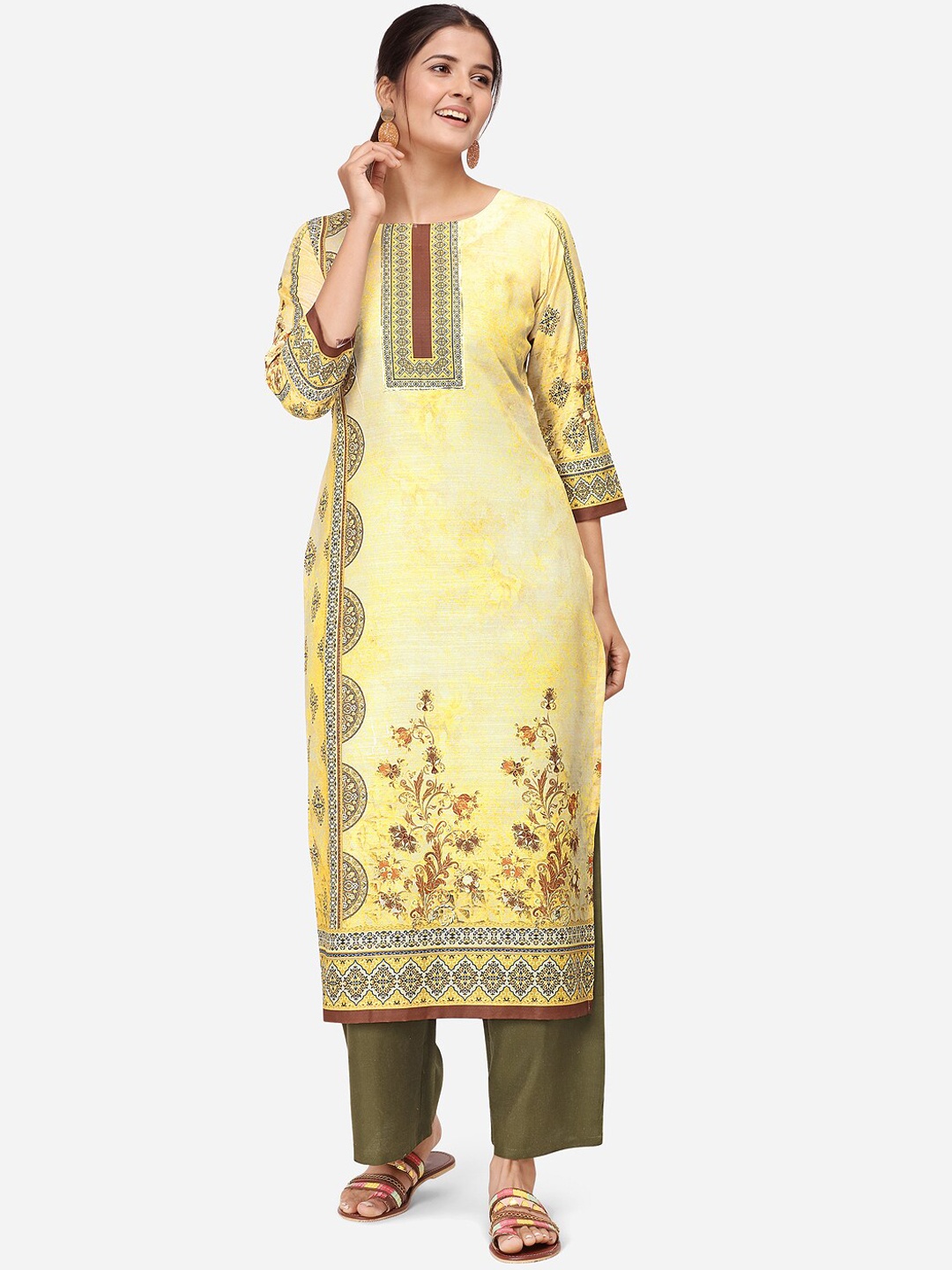 

Kvsfab Women Yellow & Olive Green Printed Kurta with Palazzos