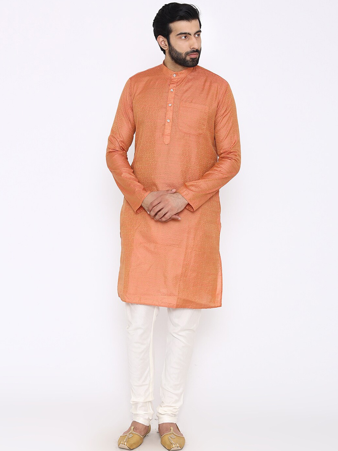 

Wintage Men Orange & White Woven Design Kurta with Pyjamas