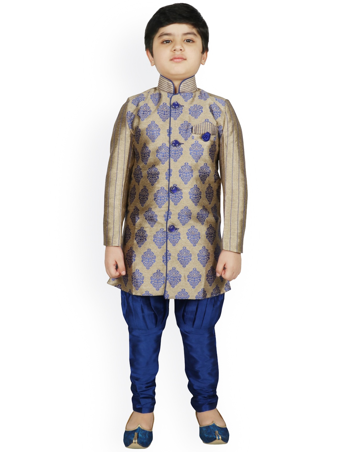 

SG YUVRAJ Boys Beige & Blue Printed Raw Silk Kurta with Pyjamas
