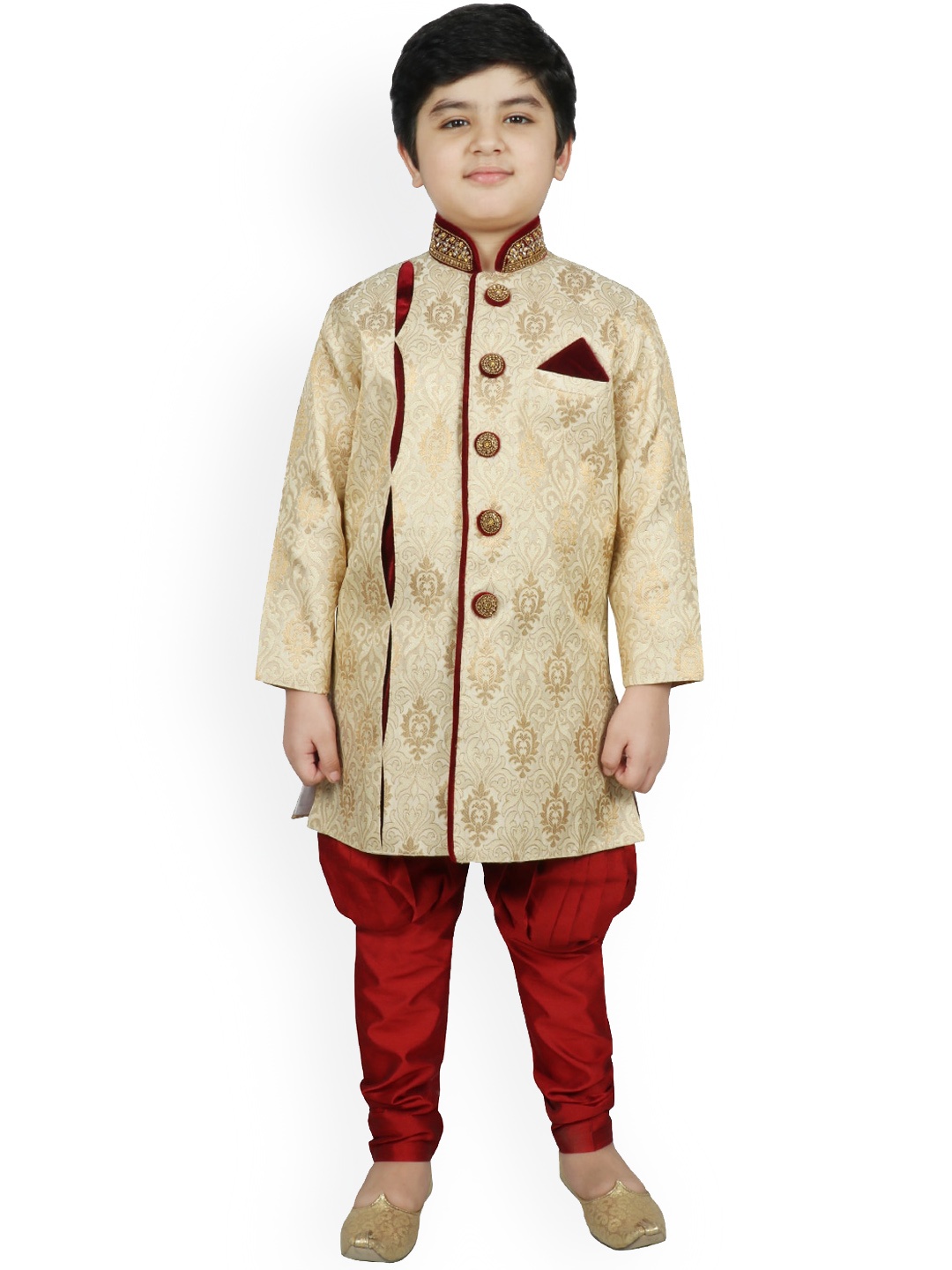 

SG YUVRAJ Boys Gold-Coloured & Red Raw Silk Sherwani Set