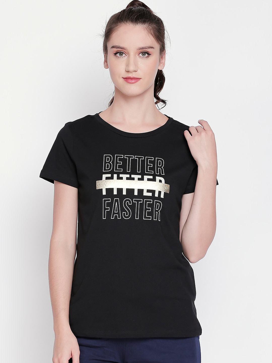 

Ajile by Pantaloons Women Black Printed Round Neck Pure Cotton T-shirt
