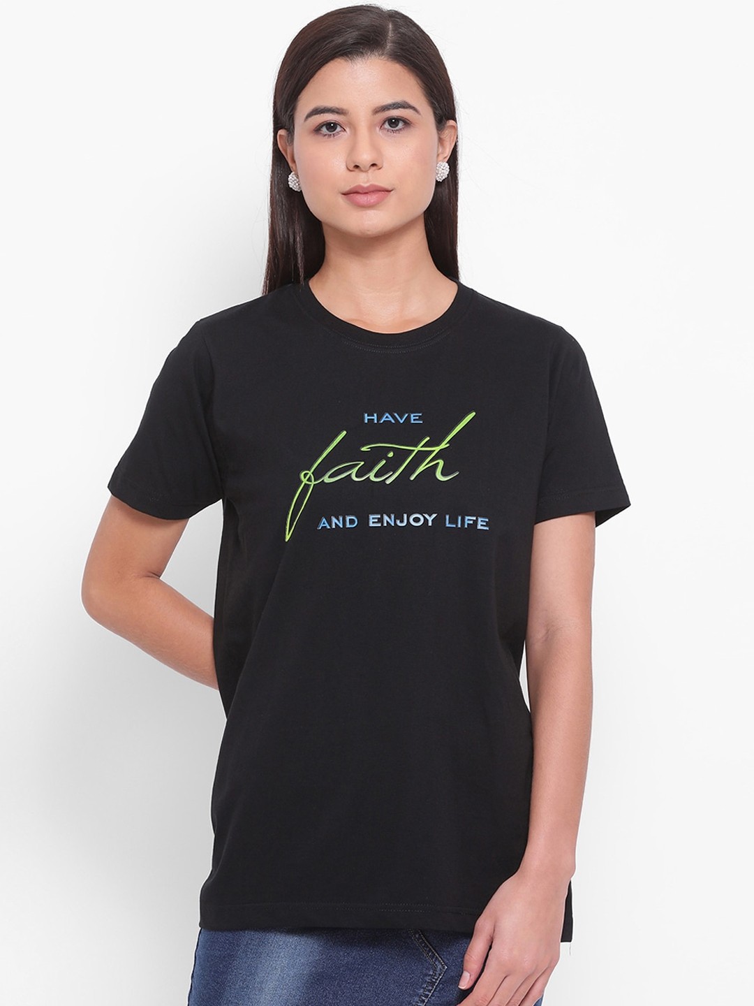 

YOLOCLAN Women Black Printed Round Neck Pure Cotton T-shirt