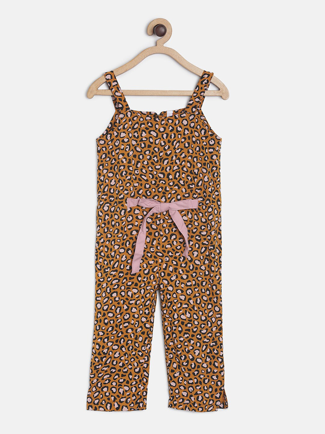 

TALES & STORIES Girls Mustard Yellow & Black Leopard Printed Basic Jumpsuit