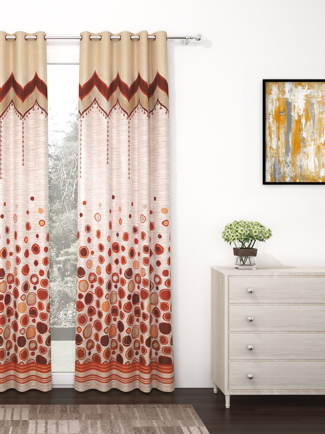 

Story@home Rust Red & Beige Premium Jacquard 350GSM Room Darkening Eyelet Single Door Curtains