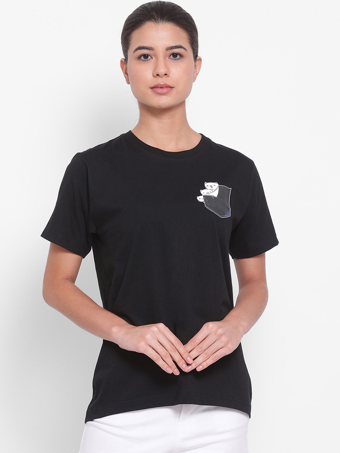 YOLOCLAN Women Black Printed Round Neck Pure Cotton T-shirt