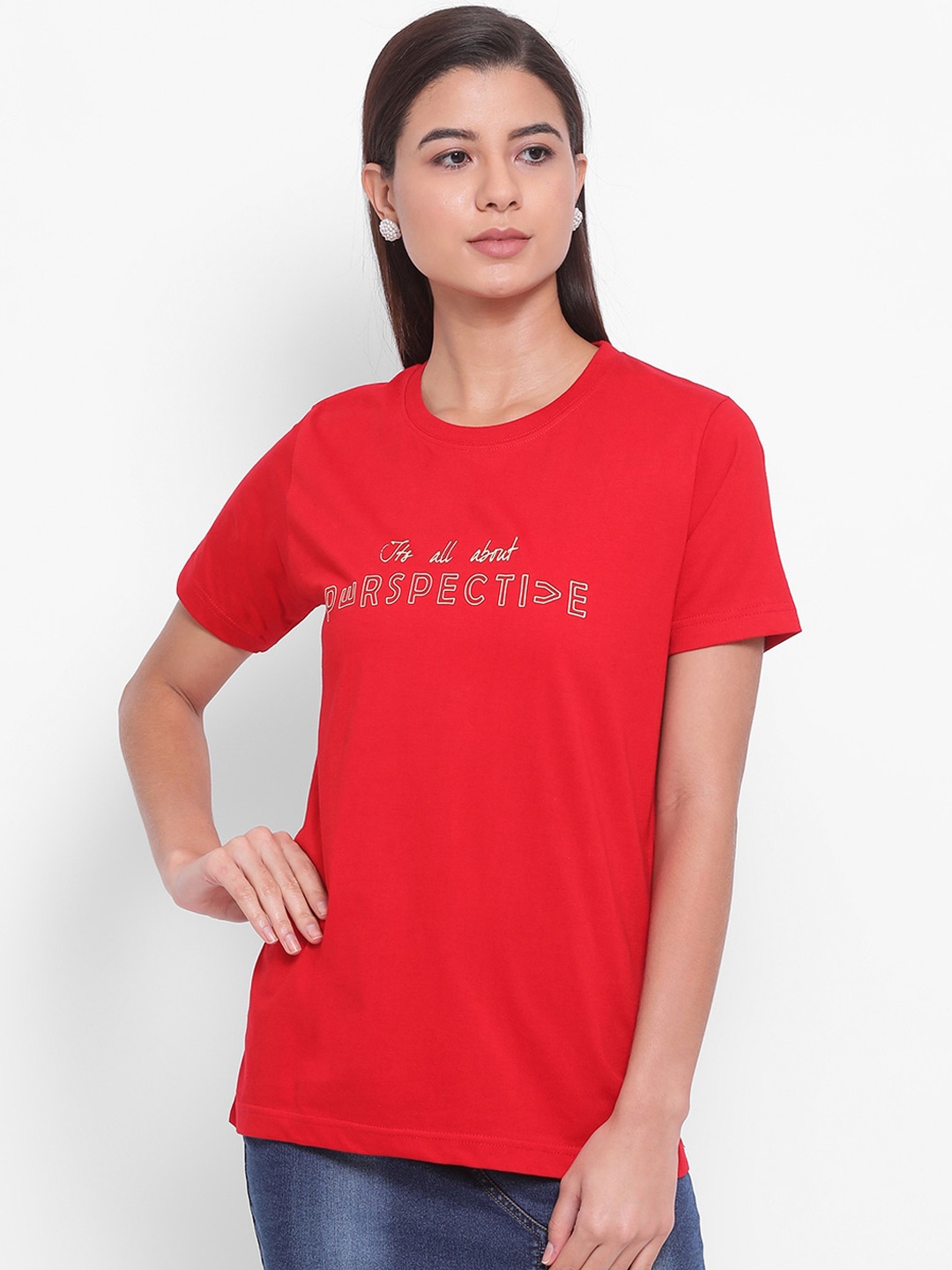 YOLOCLAN Women Red Printed Round Neck Pure Cotton T-shirt