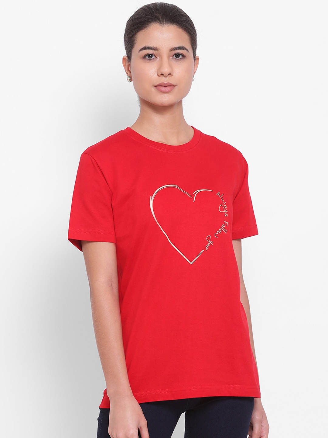 

YOLOCLAN Women Red Printed Round Neck Pure Cotton T-shirt