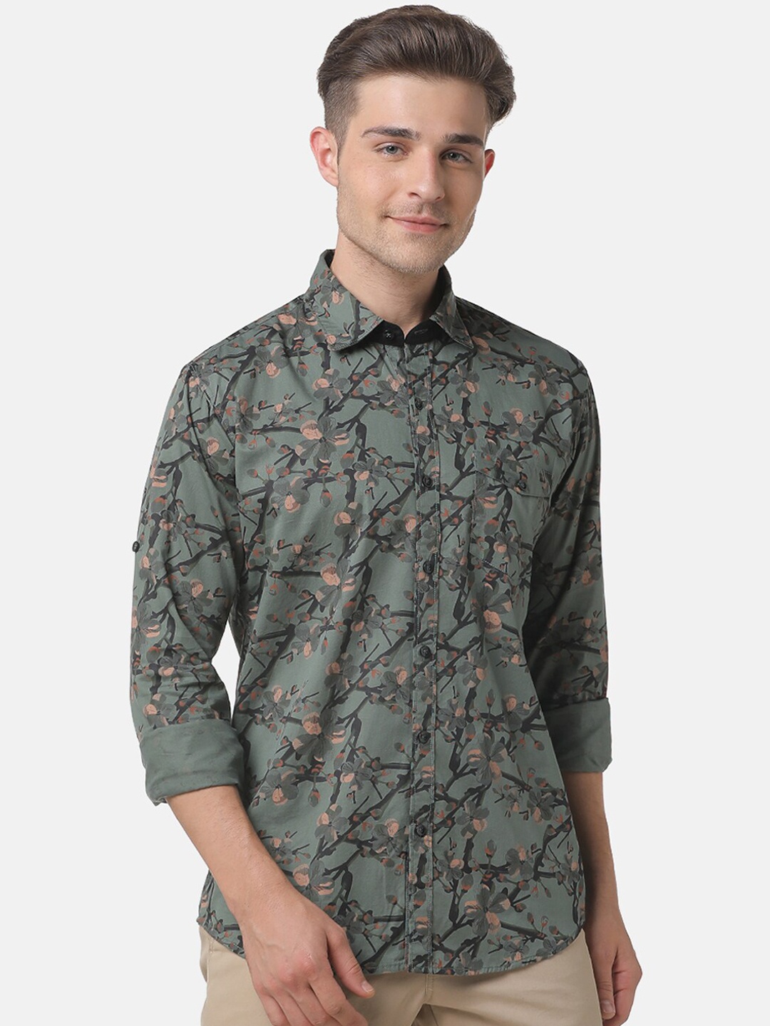 

Campus Sutra Men Olive Green & Peach-Coloured Regular Fit Printed Casual Shirt