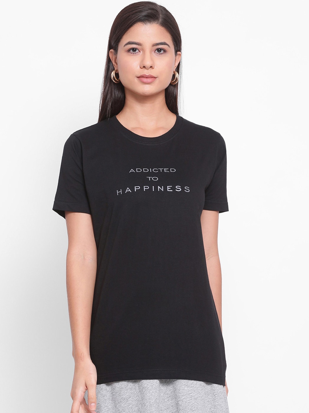 

YOLOCLAN Women Black Printed Round Neck Pure Cotton T-shirt