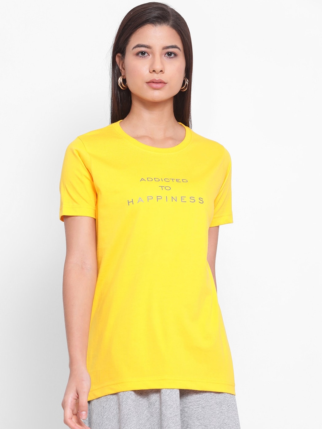 

YOLOCLAN Women Yellow Printed Round Neck Pure Cotton T-shirt
