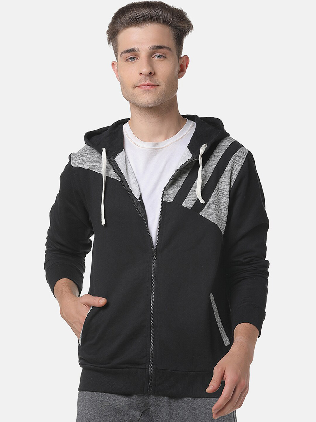 

Campus Sutra Men Black & Grey Colourblocked Hooded Sweatshirt