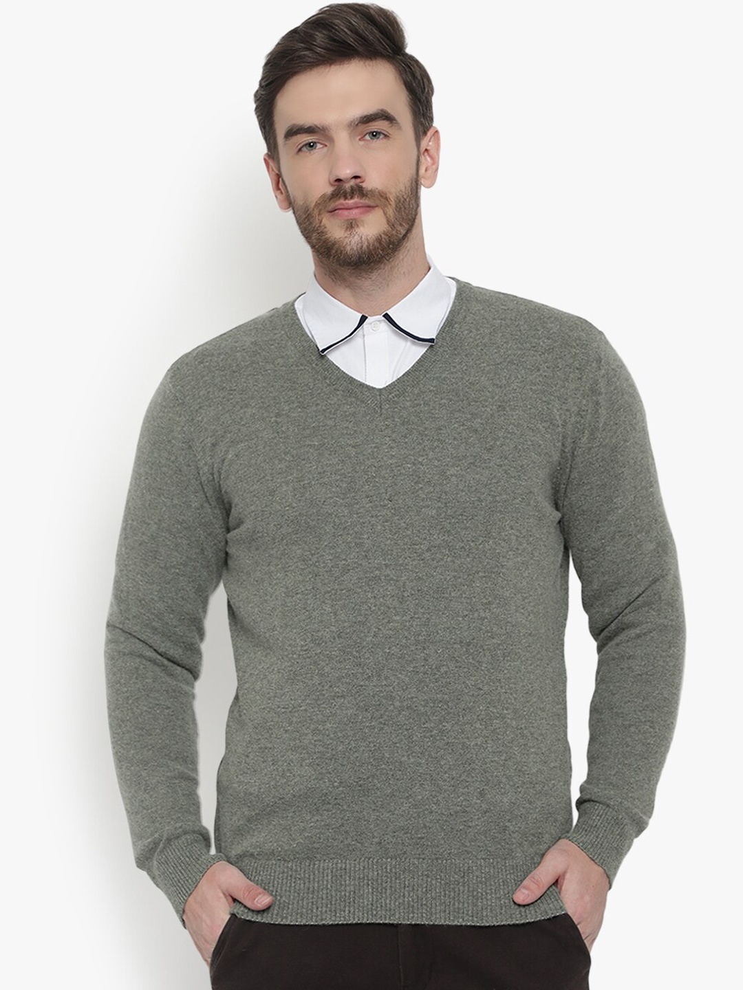 

ARMISTO Men Olive Green Solid Woolen Pullover Sweater