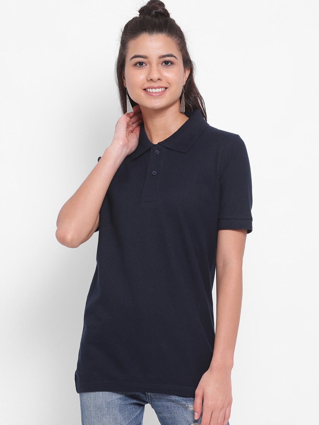 

YOLOCLAN Women Navy Blue Solid Polo Collar Pure Cotton T-shirt